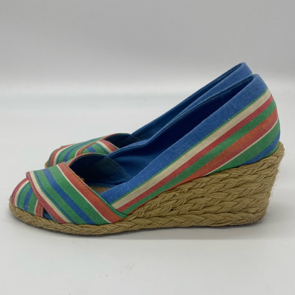 Ralph Lauren Open Toe Blue/Green Striped Espadrille Wedge Shoes